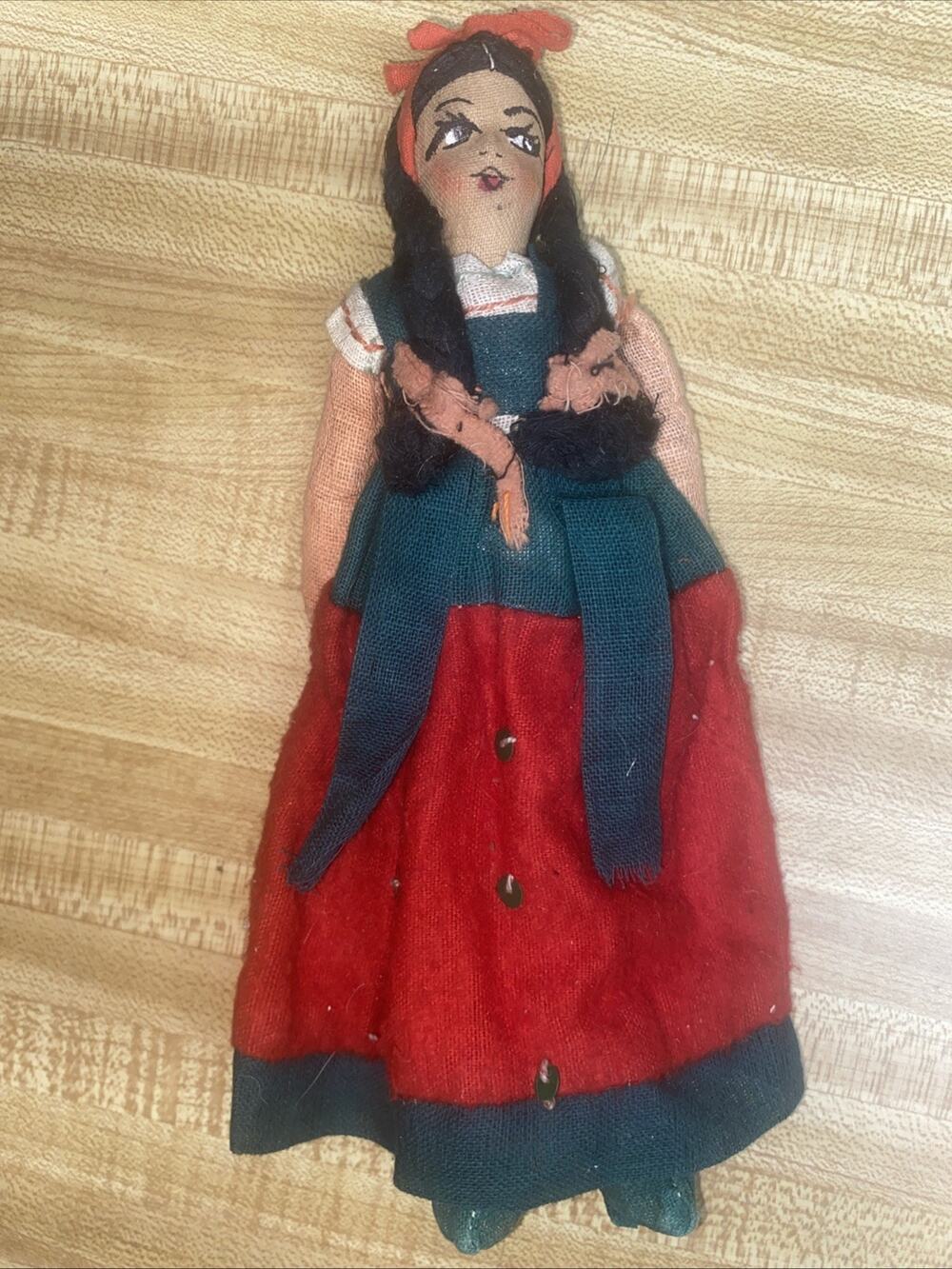 Vintage Handmade Primitive Mexican Plaster Coth Molded Doll Painted Face 8.5”